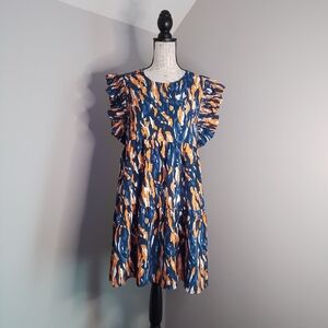 Michelle McDowell Tiered Flutter Sleeve Dress Orange Blue & White - M